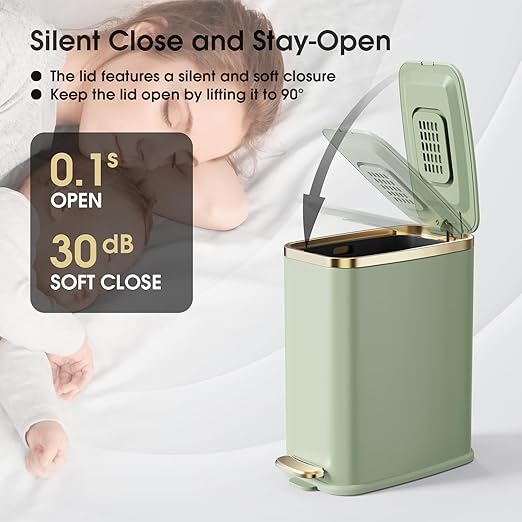 CEROELDA Small Bathroom Trash Can with Lid Soft Close-5L/1.3 Gal Slim Garbage Can-Metal Step Wastebasket-Rectangle Narrow Waste Bin for Office, Bedroom, Toilet, Live Room-Green-DeskLoop Office