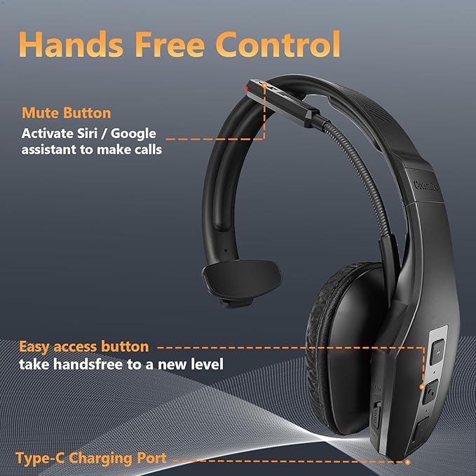 Conambo Trucker Bluetooth Headset (JBT600) with Tri-Mic Noise Cancelling, CVC 8.0, Mute Button, 60Hrs Battery Life – Wireless Headset for Truck Drivers, Cell Phones & Office Use-DeskLoop Office