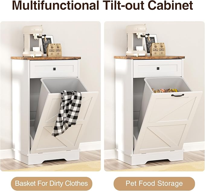 Tilt Out Trash Can, Farmhouse Kitchen Trash Cabinet w/Negative Ion, Dog Proof 10 Gallon Garbage Can for Kitchen, Bathroom, Living Room, White-DeskLoop Office