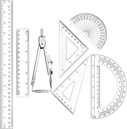 Zonon 1 Set Plastic Geometry Math Set Includes Drawing Compass, 6 and 4 Inch Protractor, 45/60 Degree Triangle Rulers 12 and 6 Inch Math Ruler Transparent for Office Supplies(Clear)-DeskLoop Office