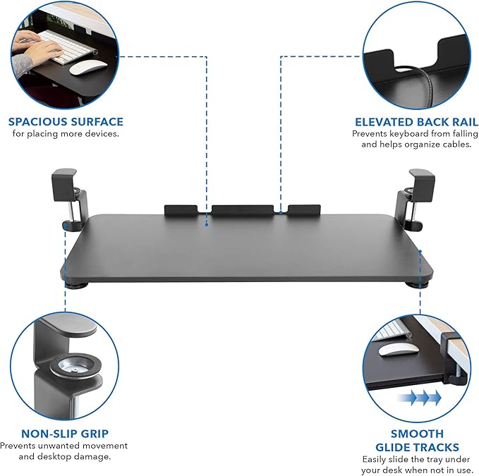 Mount-It! Under-Desk Keyboard Tray, Slide-Out Clamp-On Keyboard and Mouse Drawer, 26.4" W x 11.8" D Ergonomic Retractable Platform for Typing, No-Drill Installation, Black-DeskLoop Office