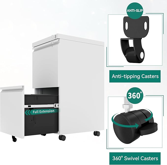 YITAHOME 2 Drawer File Cabinet with Lock, Mobile Metal Filing Cabinet for Letters/Legal/A4 Size, Home Office & Business Enterprise, Fully Assembled Except Wheels, White-DeskLoop Office