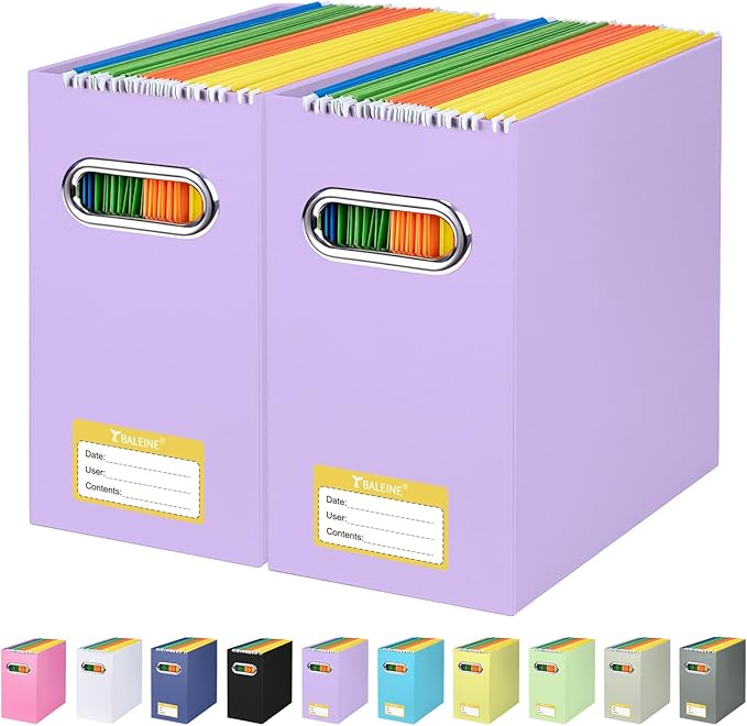 BALEINE File Organizer Box, Cardboard File Folder Organizer with Handle for Letter Size, Portable Collapsible Hanging Filing Box for Home Office Document Storage (2 Pack, Lavender)-DeskLoop Office