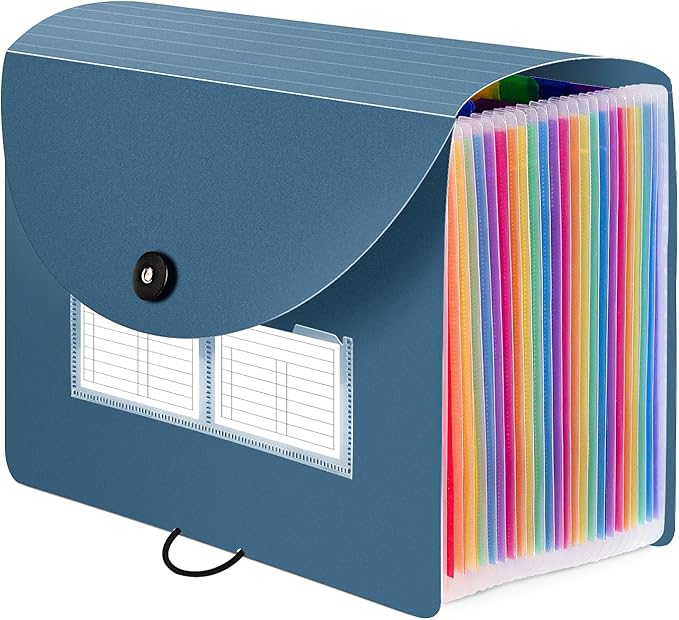 Sooez 24 Pockets Expanding File Folder with Blank Labels, According File Organizer with Expandable Cover, Desktop Accordion Folders Letter A4 Paper Document Storage Organizer, Blue-DeskLoop Office