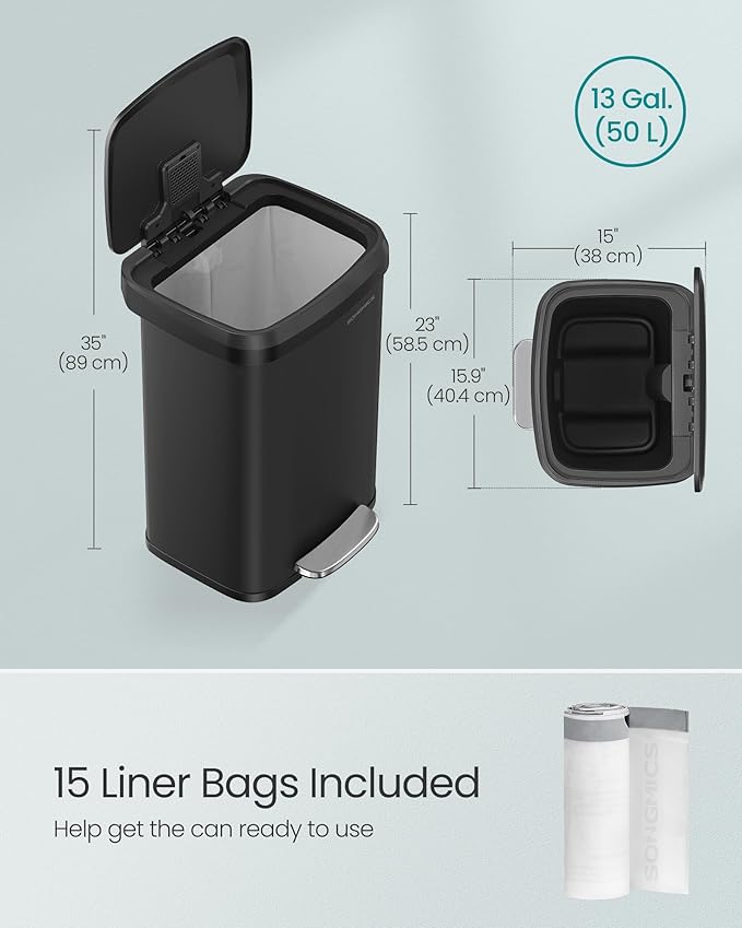 SONGMICS Kitchen Trash Can, 13 Gallon (50 L) Stainless Steel Garbage Can, with Stay-Open Lid and Step-on Pedal, Soft Closure, Tall, Large and Space-Saving, Black ULTB530B50-DeskLoop Office