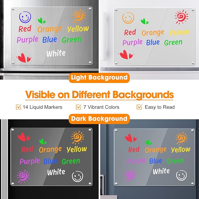 Liquid Chalk Markers for Acrylic Fridge Calendar Planning Board Clear Glass Dry Erase Board Refrigerator Whiteboard for Window/Mirror, 14 Pack, 7 Vibrant Colors, 1mm Fine Points, Easy Wet Erase
