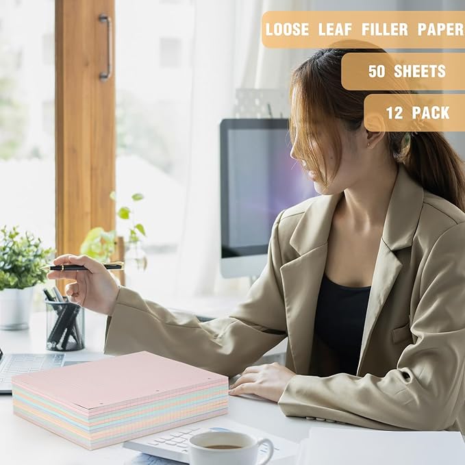PerKoop 600 Sheets Colored Loose Leaf Paper 8.5" x 11" college ruled Lined 3 Hole Punched notebook Filler Paper for 3 Ring Binders Office School Supplies (Aesthetic Color)-DeskLoop Office