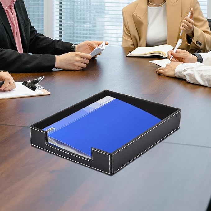 Leather 1-Layer Letter Tray Stackable File Document Tray,A4 Paper Case Rack Desk Office Supplies Organizer Holders,Desktop Organization, Pen Mail Magazine Storage Box(Black)-DeskLoop Office