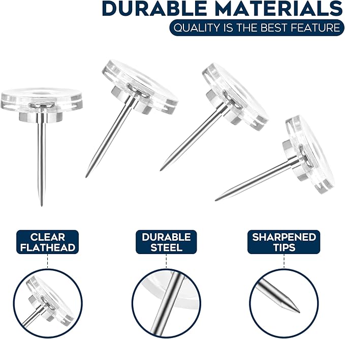 150 Pack Clear Push Pins Tacks by Luxurecourt, Flat Head Thumbtacks for Bulletin Board, Wall Hanging, Cork Board, Shadow Box, Heavy Duty Plastic Head with Steel Point in Reusable Storage Box.-DeskLoop Office