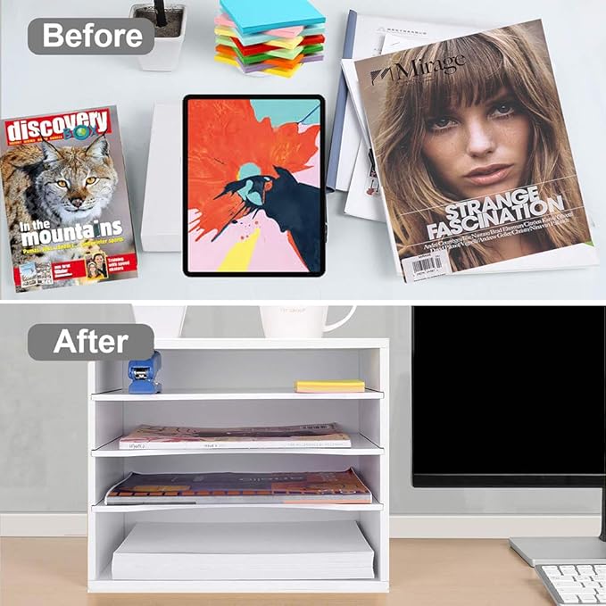 Paper Organzier Wood Desktop Organizer Storage Letter Tray File Sorter with Adjustable Shelves for Home Office-DeskLoop Office