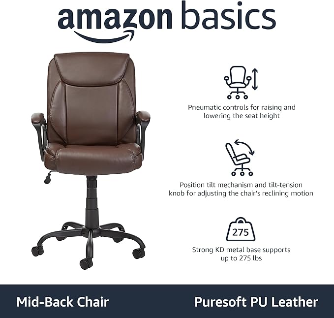 Amazon Basics Classic Puresoft PU Padded Mid-Back Height Adjustable Office Computer Desk Chair with Armrest, 25.75"D x 24.25"W x 42.25"H, Brown-DeskLoop Office