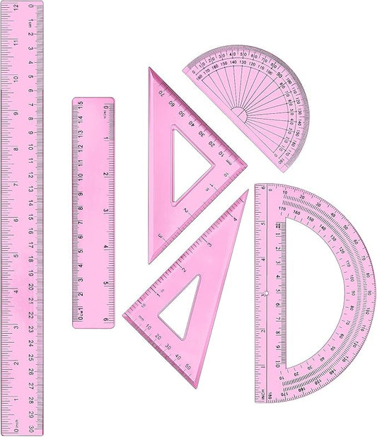 Tenare 1 Set Plastic Clear Math Set Includes Protractor Triangle Rulers 12 Inch 6 Inch Straight Geometry Math Transparent Ruler Measuring Tool for School Office Home Supplies(Pink)-DeskLoop Office