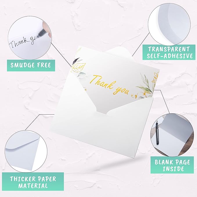100 Bulk Thank You Cards with Envelopes White and Greenery Gold Foil β Floral watercolor Cards Thank You Notes with Envelopes and Eucalyptus leaves for Wedding Bridal Baby Shower Graduation Fune