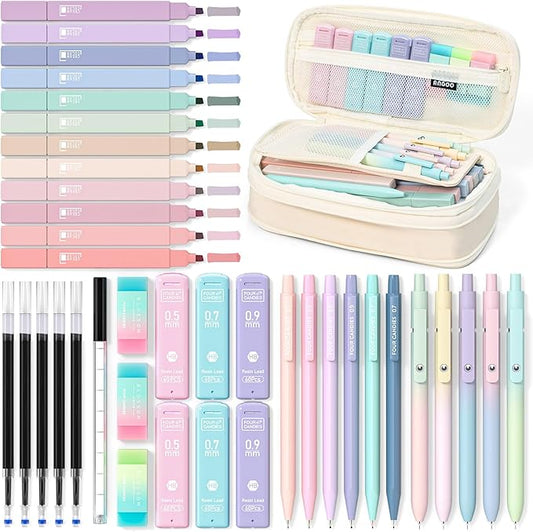 Four Candies 39 PCS Cute School Supplies with Pen Case for Girls - 5 Black Ink Gel Pens, 12 Pastel Highlighters, 6 Aesthetic Mechanical Pencils Set for Stationary College Essentials (Cream)-DeskLoop Office