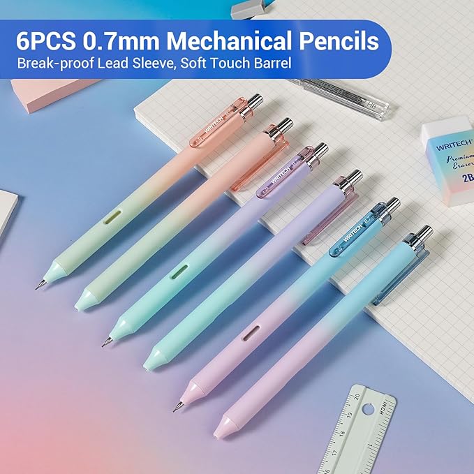 WRITECH Up Mechanical Pencil Set: 6ct Gradient Barrel 0.7mm Mechanical Pencils with 4 Tubes of HB Lead Refills and 2 Extra Erasers for Writing Drawing Sketching Drafting-DeskLoop Office