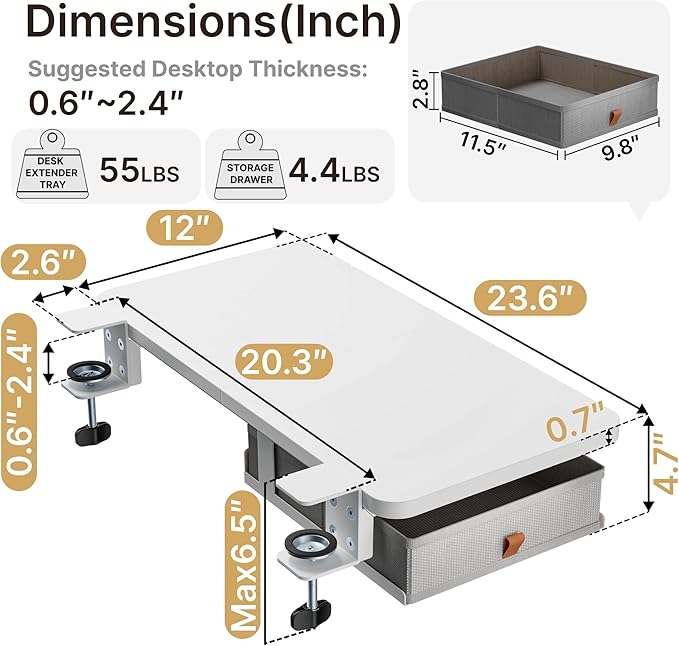 Desk Extender Tray, 24" x 12" Clamp On Desk Shelf, Desk Extension with Storage Drawer, Table Desk Arm Rest, Clamp On Keyboard Tray for Office and Home, Workstation Organizer, Medium, White-DeskLoop Office