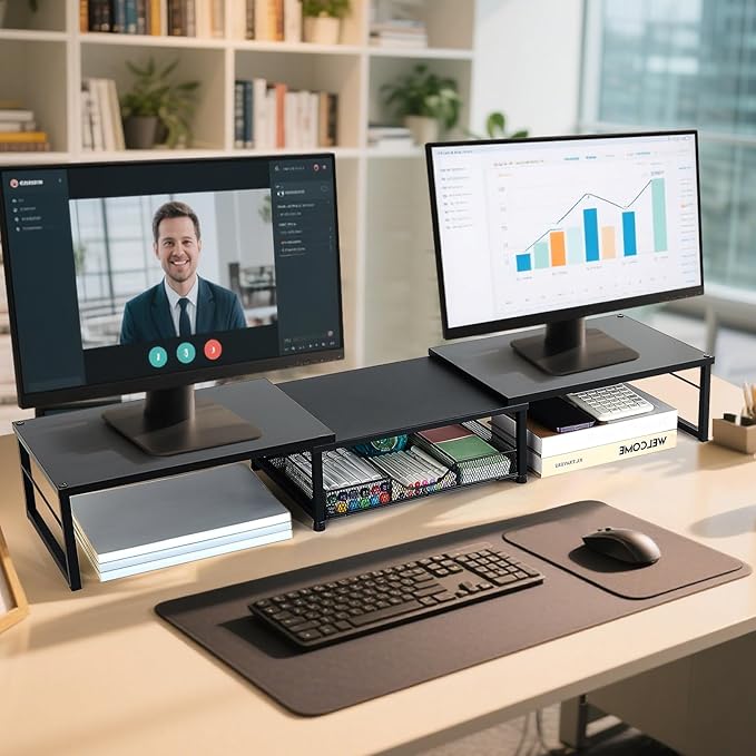 Dual Monitor Stand Riser, Desk Organizer with Drawer, Office Desk Organizers and Accessories, Office Workspace Organization, Computer Monitor Stand for Laptop, Printer (Black)-DeskLoop Office