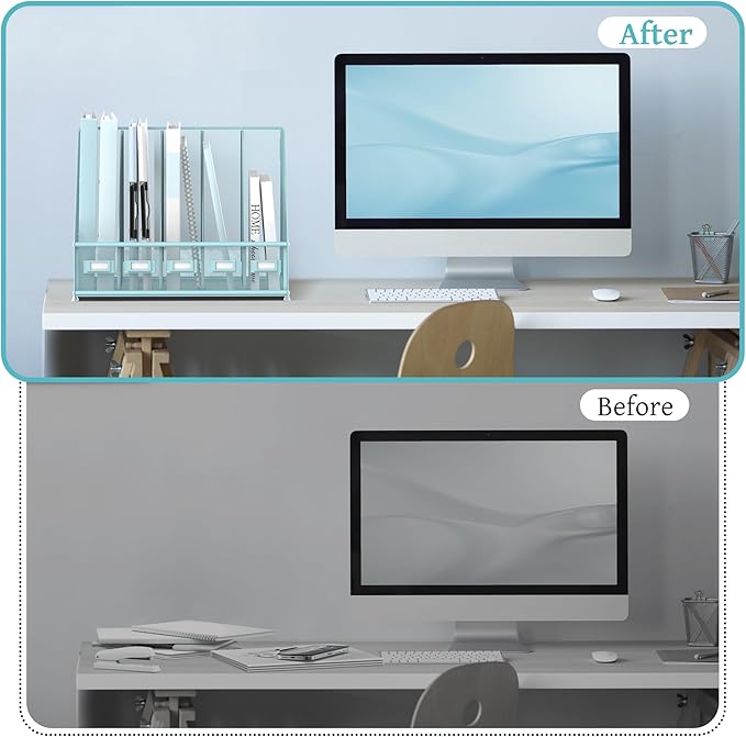 SUPEASY Desk Organizers Metal Desk Magazine File Holder with 5 Vertical Compartments Rack File Organizer for Office Desktop, Home Workspace, Blue-DeskLoop Office