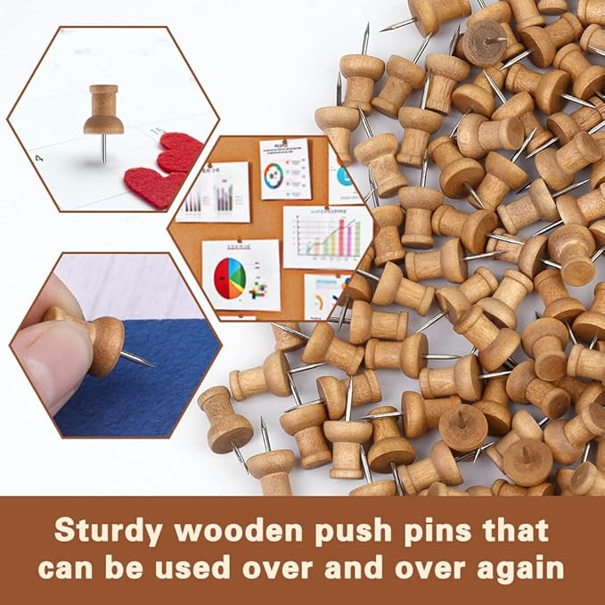 150 Pcs Push Pins for Cork Board, Decorative Thumb Tacks Wooden Push Pins Head Pin Wood Map Tacks Marking Pin, Wood Thumb Tacks Decorative for Bulletin Boards Craft Projects with Storage Box, Coffee-DeskLoop Office