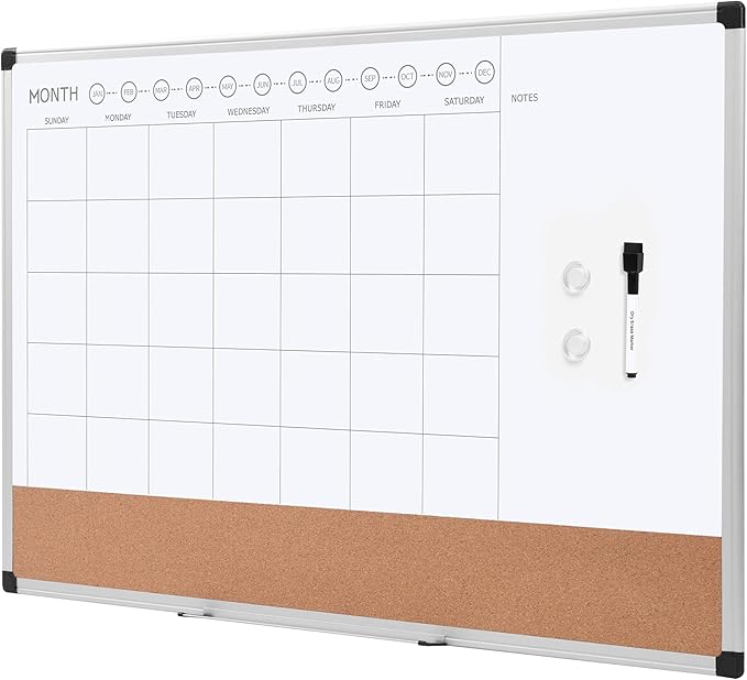 Amazon Basics 24" x 36" Monthly Whiteboard Calendar with Cork Board, Wall Mounted, Easy to Install, Silver Aluminum Frame-DeskLoop Office