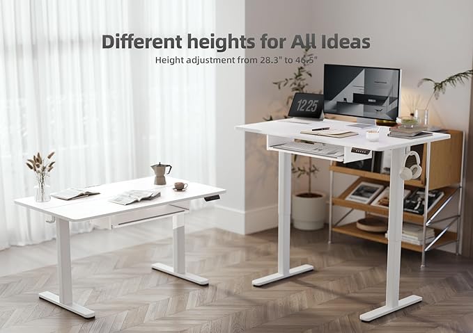 YDN Standing Desk with Keyboard Tray, 48 Inch Height Adjustable Desk with Cable Management, White Stand Up Desks for Home and Office, White-DeskLoop Office