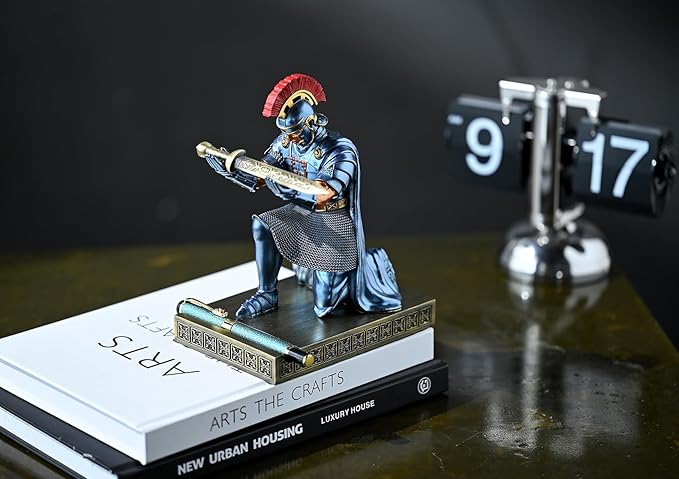 Roman Praetorian Prefect Warrior Knight Pen Holder Desk Ornament Resin Praetorian Guard Mobile Phone Stand Desk Accessories and Organizer for Office with a Letter Opener (Blue)-DeskLoop Office