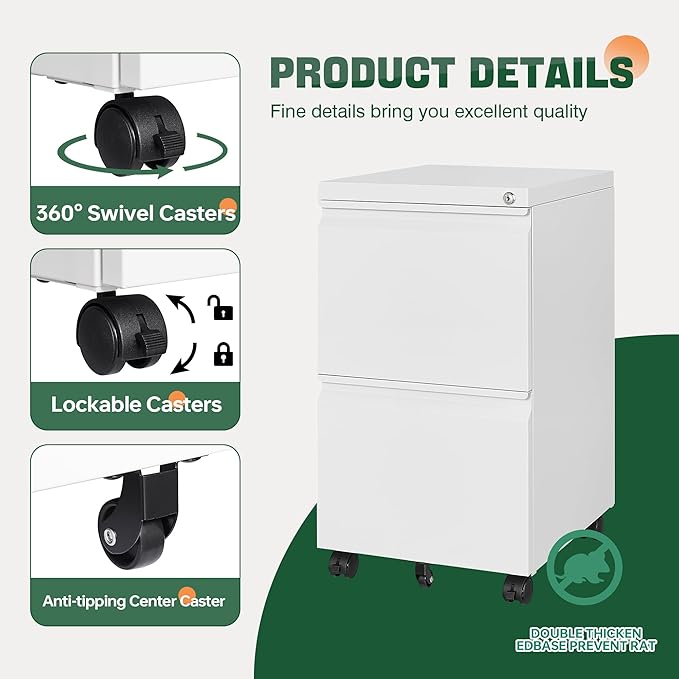 Letaya 2 Drawer Mobile File Cabinet with Lock,Under Desk Metal Filing Cabinets for Home Office Organizer Letters/Legal/A4(Fully Assembled-White)-DeskLoop Office