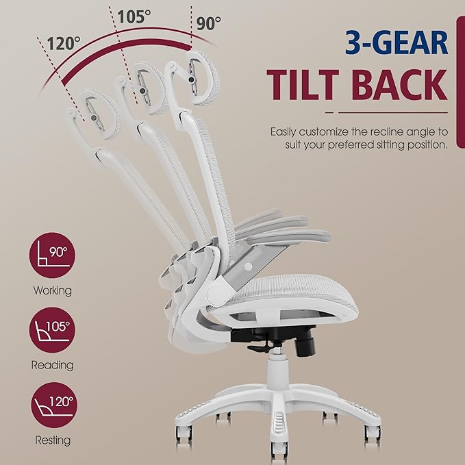 GABRYLLY Ergonomic Office Chair, High Back Home Desk Chair with Headrest, Flip-Up Arms, 90-120° Tilt Lock and Wide Cushion, 400LBS Mesh Chairs for Man Woman, White Task Chair(Grey,GY01WG)-DeskLoop Office