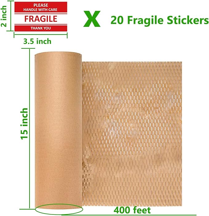 Honeycomb Packing Paper Wrap 15" x200' Sustainable Alternative to Bubble Cushioning Wrap for Moving/shipping/packing Roll with 20 Fragile Sticker Biodegradable & Fully Recylable-DeskLoop Office