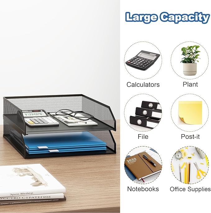 Natwind 2-Tier Stackable Paper Tray, Metal Mesh Desktop Organizer, A4 Desk Organizer, Stackable Letter Trays,File Folder Sorter Organizer with Sliding Tray for Home, Office, School (Black)-DeskLoop Office