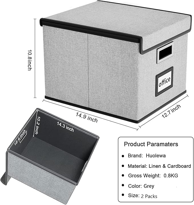 Huolewa Collapsible File Storage Organizer Boxes with Lids, Portable Large Linen Hanging Filing Storage Boxes, Decorative Home/Office Filling System for File and Folder Storage (Grey)-2 Pack-DeskLoop Office