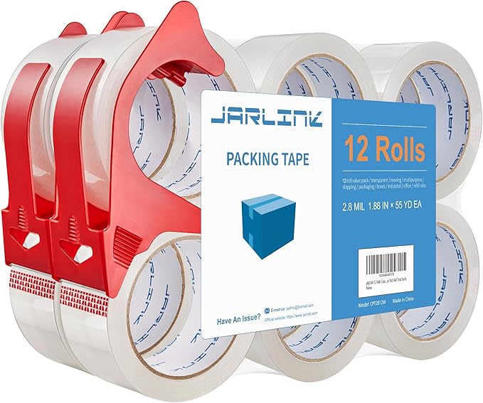 JARLINK 12 Rolls Clear Packing Tape with 2 Dispensers, Heavy Duty Packaging Tape Refills for Shipping Packaging Mailing, 2.8mil Thicker, 1.88 inches Wide, 55 Yards Per Roll, 660 Total Yards-DeskLoop Office