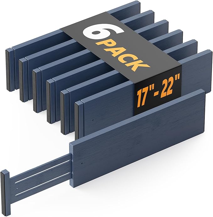 SpaceAid Bamboo Dresser Drawer Dividers 6 Pack, 4.65“ High Adjustable 17“-22” Drawer Organizers, Expandable Organization for Clothing, Clothes, Dressers, Navy Blue-DeskLoop Office