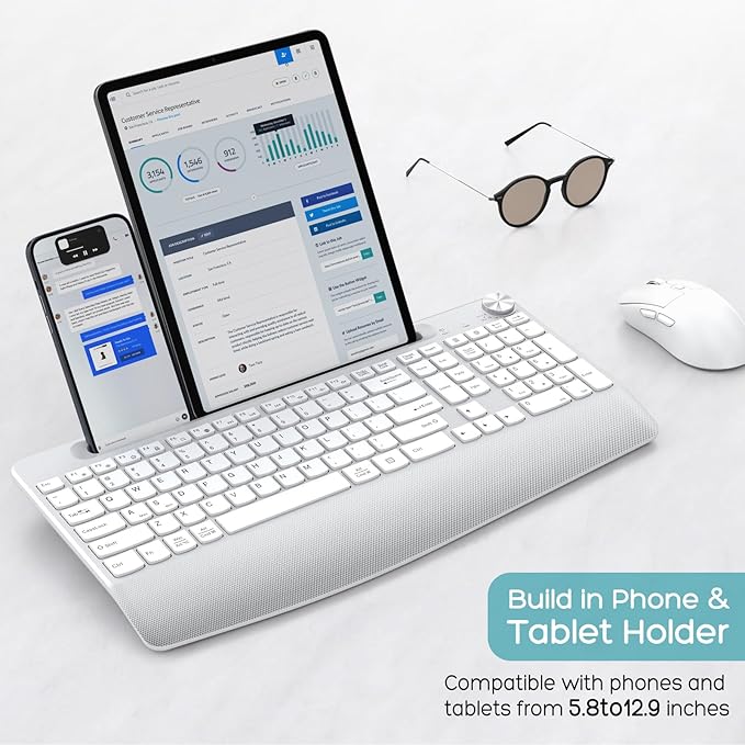 Wireless Keyboard and Mouse - Full-Sized Ergonomic Keyboard with Wrist Rest, Phone Holder, Volume Knob,2.4GHz Silent Cordless Keyboard Mouse Combo for Computer, Laptop, PC, Mac, Windows -White-DeskLoop Office