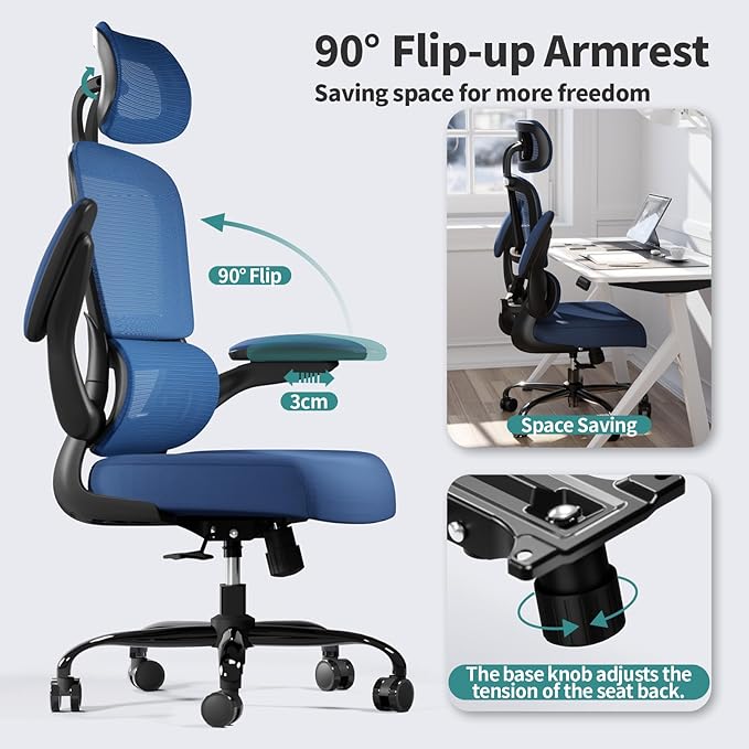 TRALT Office Chair Ergonomic Desk Chair, 330 LBS Home Mesh Office Desk Chairs with Wheels, Comfortable Gaming Chair, High Back Office Chair for Long Hours (Blue)-DeskLoop Office