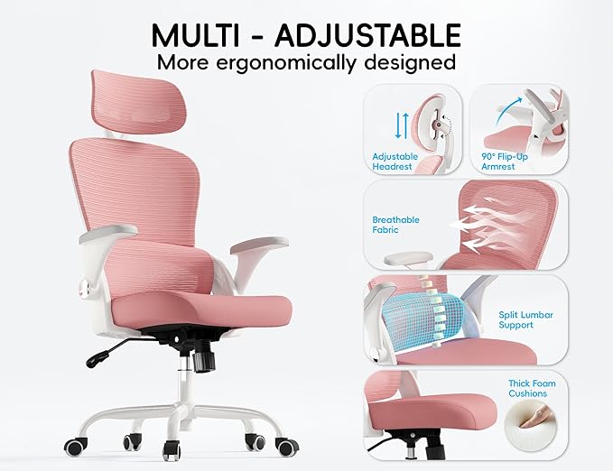 TRALT Office Chair - Ergonomic Office Chair with Back Support, Computer Chair - Home Office Desk Chairs, 330lbs Wide Seat Big and Tall Office Chairs with Headrest, Comfy Desk Chairs (Pink)-DeskLoop Office