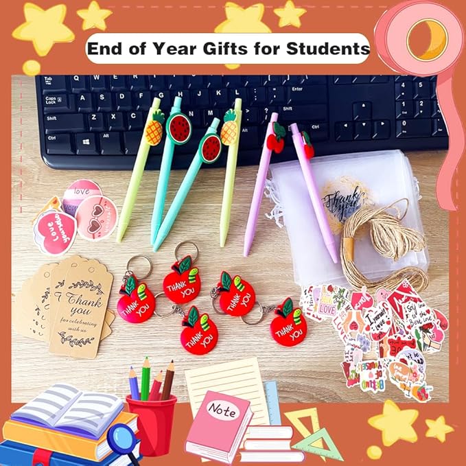 74 Set Student Gift Set 6 in 1 Multicoloured Ballpoint Pen Thank You Card Batch Keychain Inspirational Stickers Teacher Gifts for Classroom Birthday Party Supplies-DeskLoop Office