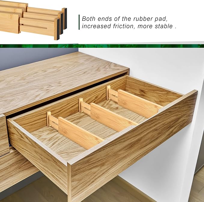 FJO 4 Pack Adjustable Bamboo Drawer Dividers - 12.5" - 21.7" Expandable Drawer Separators for Kitchen, Utensils, Clothes, Bedroom, Dresser, Bathroom (Beige)-DeskLoop Office