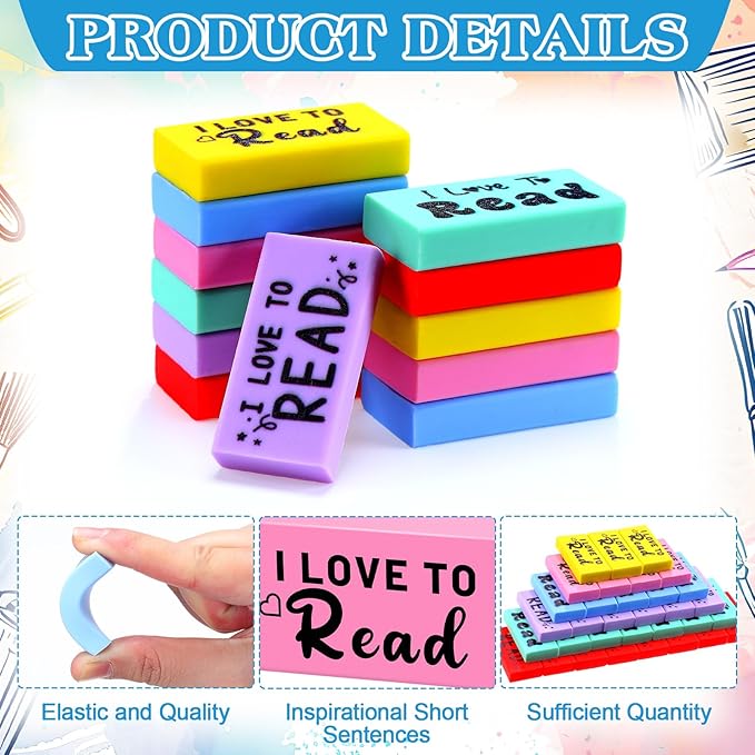 200 Pcs Inspirational Erasers for Kids Back to School Gifts I Love to Read Small Colorful Pencil Erasers for Students Classroom Cute Motivational Gift for Drawing School Office Supplies-DeskLoop Office