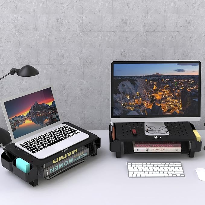 WALI Monitor Stand with Storage, Monitor Riser with Ventilation Drawer and Side Storage, Laptop Stand Riser for Desk, Printer Stands, (STT007), Black-DeskLoop Office