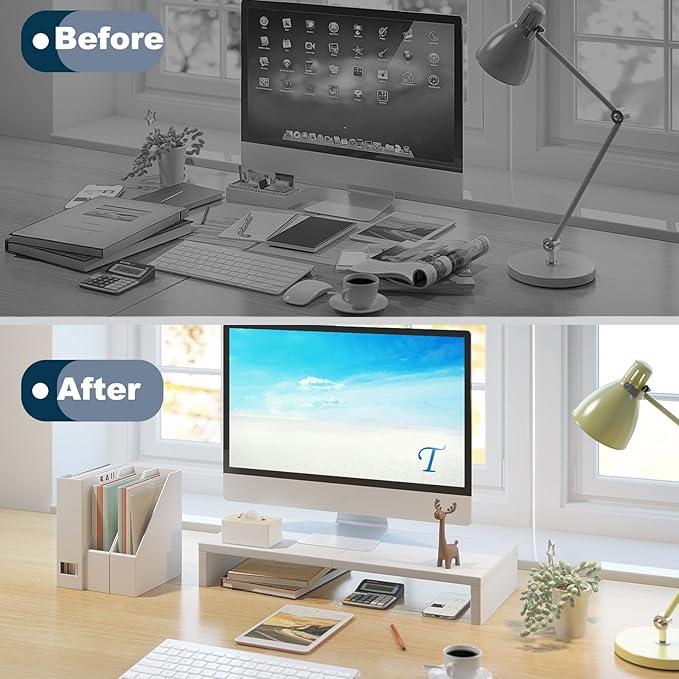 TEAMIX 20 inch White Monitor Stand Riser, Wood Desktop Stand for PC/TV/Laptop/Printer, White Monitor Riser with Storage, Computer Stand with Keyboard Organizer-DeskLoop Office