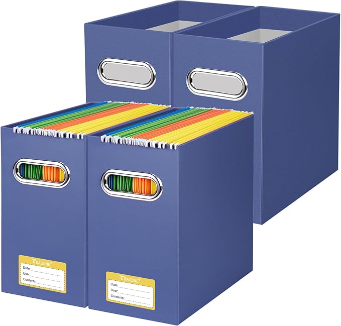 BALEINE File Organizer Box, Cardboard File Folder Organizer with Handle for Letter Size, Portable Collapsible Hanging Filing Box for Home Office Document Storage (4 Pack, Navy)-DeskLoop Office