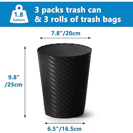 Bathroom Trash Can, 8 Pack 1.8 Gallons Small Trash Can with Trash Bags, Bathroom Garbage Can, Plastic Trash Bin, Round Waste Basket for Living Room, Bedroom, Office, Kitchen, Compact Space (Black)-DeskLoop Office