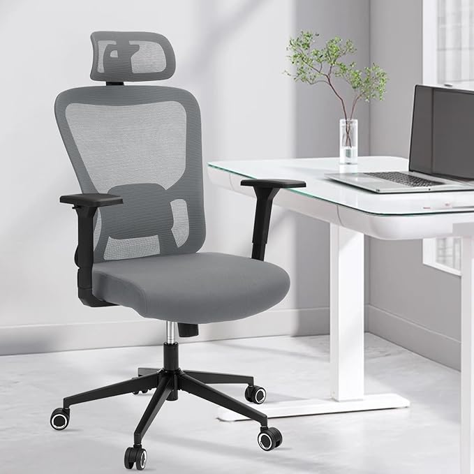 Ergonomic Desk Office Chair, High Back Home Computer Chair with Adjustable Swivel 3D Armrests for Comfort Lumbar Supports Up to 400lbs (Grey)-DeskLoop Office