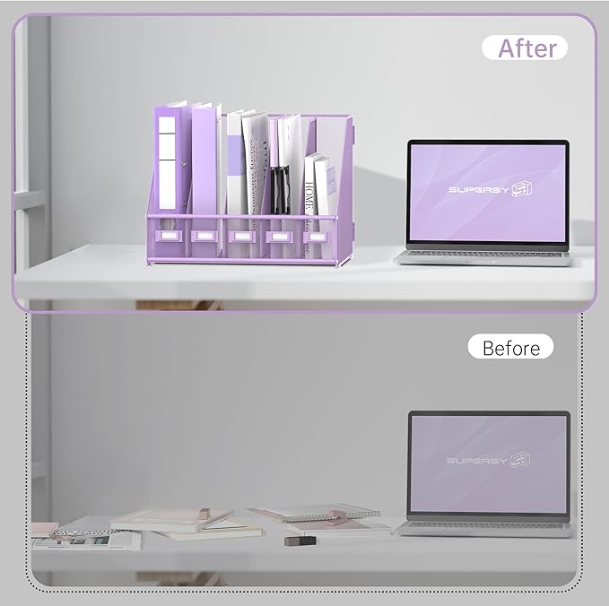 SUPEASY Desk Organizers Metal Desk Magazine File Holder with 5 Vertical Compartments Rack File Organizer for Office Desktop, Home Workspace, Purple Plus-DeskLoop Office