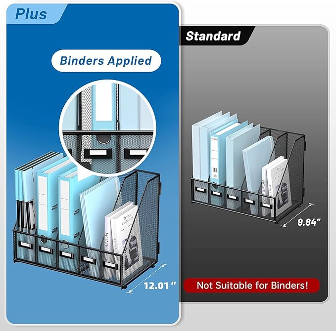 SUPEASY Desk Organizers Metal Desk Magazine File Holder with 16''x12''x12'' 5 Vertical Compartments Rack File Organizer for Office Desktop, Home Workspace, Black Plus-DeskLoop Office