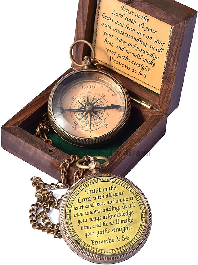 Trust in The Lord With All Your Heart - Proverbs 3:5-6 Quote Engraved Compass With Wooden Box, Greeting Card, Gift Compass, Graduation Day Gifts 2024 for Women Men Boys Girls-DeskLoop Office
