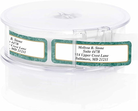 Green Marble Designer Rolled Name & Address Labels with Elegant Plastic Dispenser-DeskLoop Office