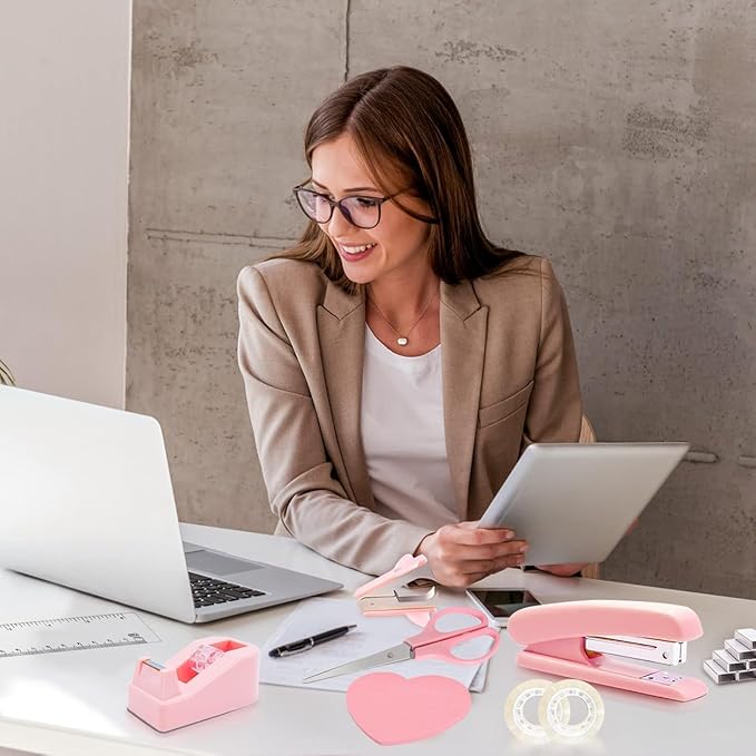 Office Desk Accessories, Pink Office Supplies Set Desk Accessories for Women, Cute Office Supplies with Stapler, Mini Stapler, Staple Remover, Tape, Clips, Scissor and Tabs, Stationary Set for Student-DeskLoop Office