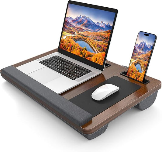 Laptop Lap Desk, Portable Large Laptop Desk for Bed, Up to 17 in Lap Table with Wrist Rest, Mouse Pad, Tablet Phone Slot, Portable Handle, Lap Tray with Cushion (Dark Brown)-DeskLoop Office